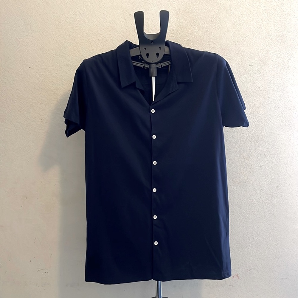 boohooMAN Short Sleeve Revere Collar Jercy Shirt Navy